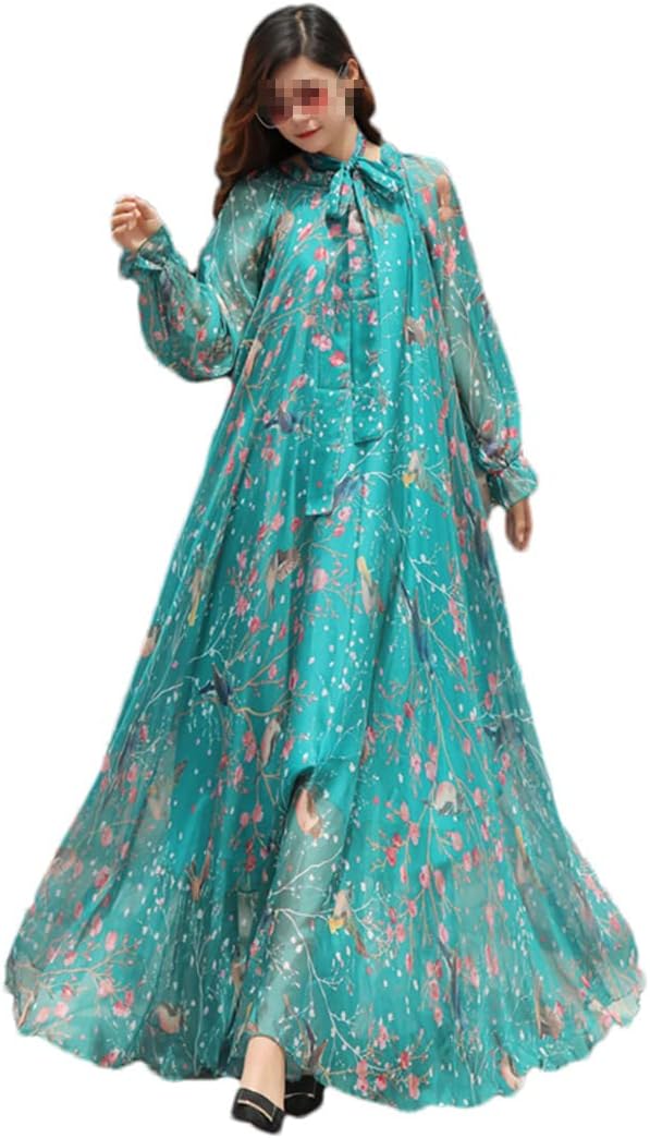 Hndudnff Women Chiffon Long Sleeve Floralprint Boho Beach Party Maxidress - Image 2