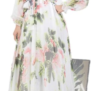 Hndudnff Women Chiffon Long Sleeve Floralprint Boho Beach Party Maxidress