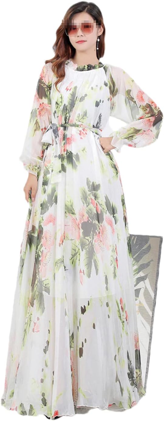 Hndudnff Women Chiffon Long Sleeve Floralprint Boho Beach Party Maxidress