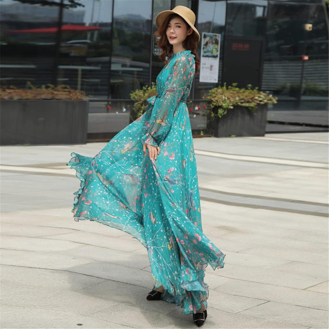Hndudnff Women Chiffon Long Sleeve Floralprint Boho Beach Party Maxidress - Image 3