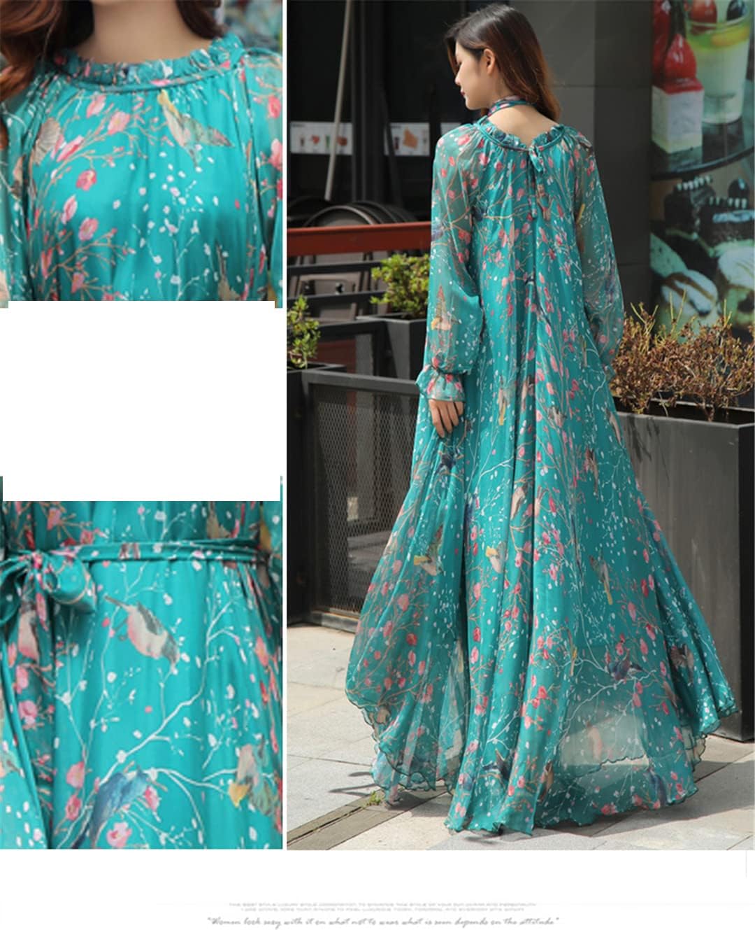 Hndudnff Women Chiffon Long Sleeve Floralprint Boho Beach Party Maxidress - Image 6