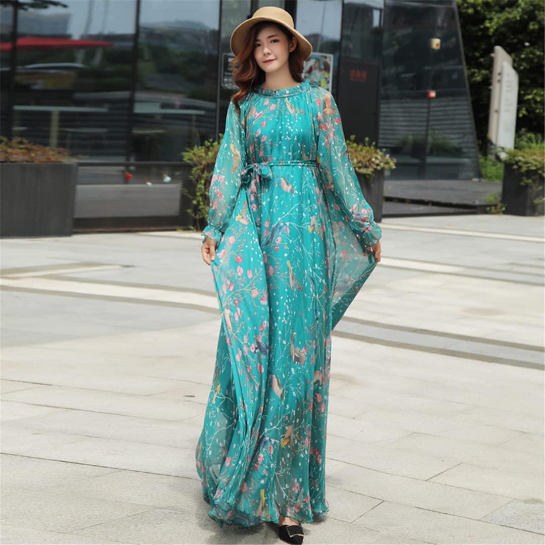 Hndudnff Women Chiffon Long Sleeve Floralprint Boho Beach Party Maxidress - Image 5