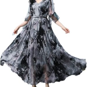 Hndudnff Women's Runway Long Sleeve Loose Waist Floral Print Holiday Maxi Dress