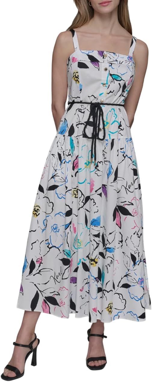 KARL LAGERFELD Women's Sleeveless Rope Belt A-line Maxi Dress