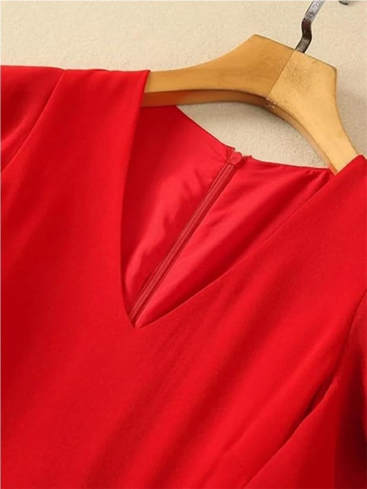 KswyyuwxgqI Women's V-Neck Ruffled Dresses Solid Color High Waist Short Sleeve Lightweight Summer Maxi Dress - Image 4