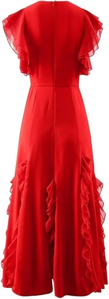 KswyyuwxgqI Women's V-Neck Ruffled Dresses Solid Color High Waist Short Sleeve Lightweight Summer Maxi Dress - Image 2