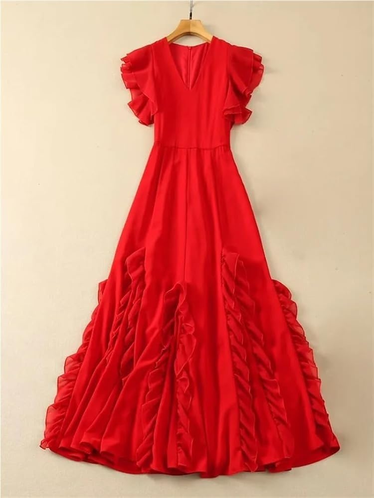 KswyyuwxgqI Women's V-Neck Ruffled Dresses Solid Color High Waist Short Sleeve Lightweight Summer Maxi Dress - Image 3