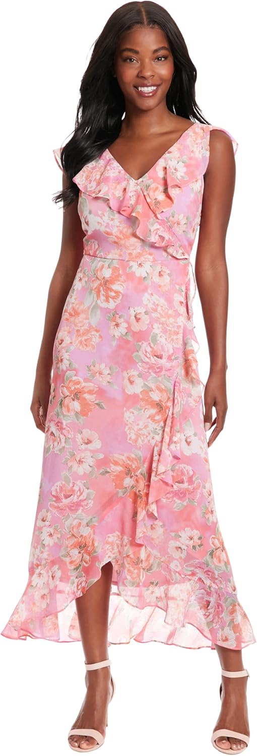 London Times Women's Chiffon Faux Wrap Ruffle Maxi Dress Guest of Wedding - Image 4