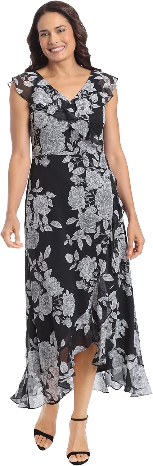 London Times Women's Chiffon Faux Wrap Ruffle Maxi Dress Guest of Wedding