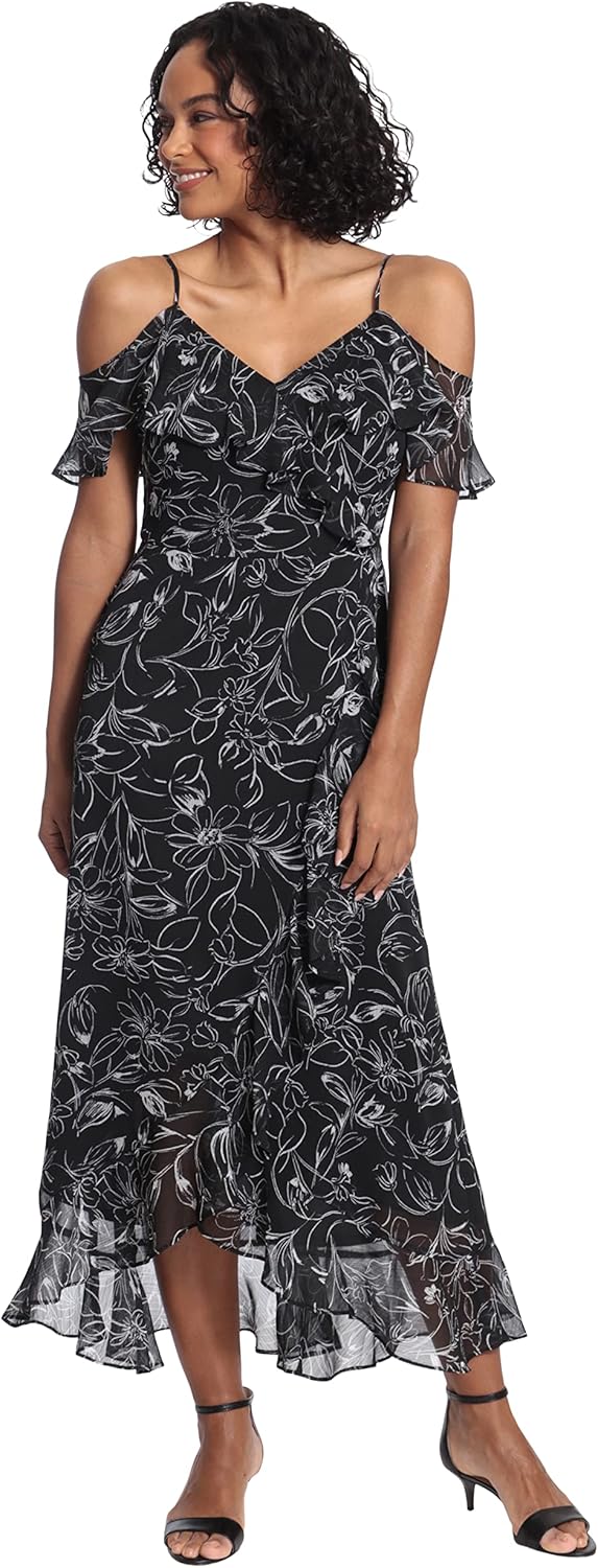 London Times Women's Cold Shoulder Hi-Low Maxi Dress with Feminine Ruffle Occasion Guest of Mother of The Bride