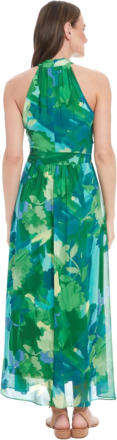 London Times Women's Halter Neck Empire Waist Maxi Crossed Neckline-Flowing Chiffon Summer Wedding Guest Dress - Image 3