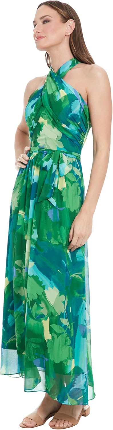 London Times Women's Halter Neck Empire Waist Maxi Crossed Neckline-Flowing Chiffon Summer Wedding Guest Dress - Image 2