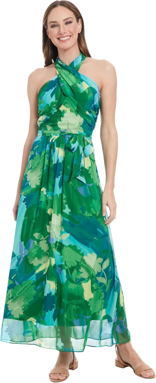 London Times Women's Halter Neck Empire Waist Maxi Crossed Neckline-Flowing Chiffon Summer Wedding Guest Dress