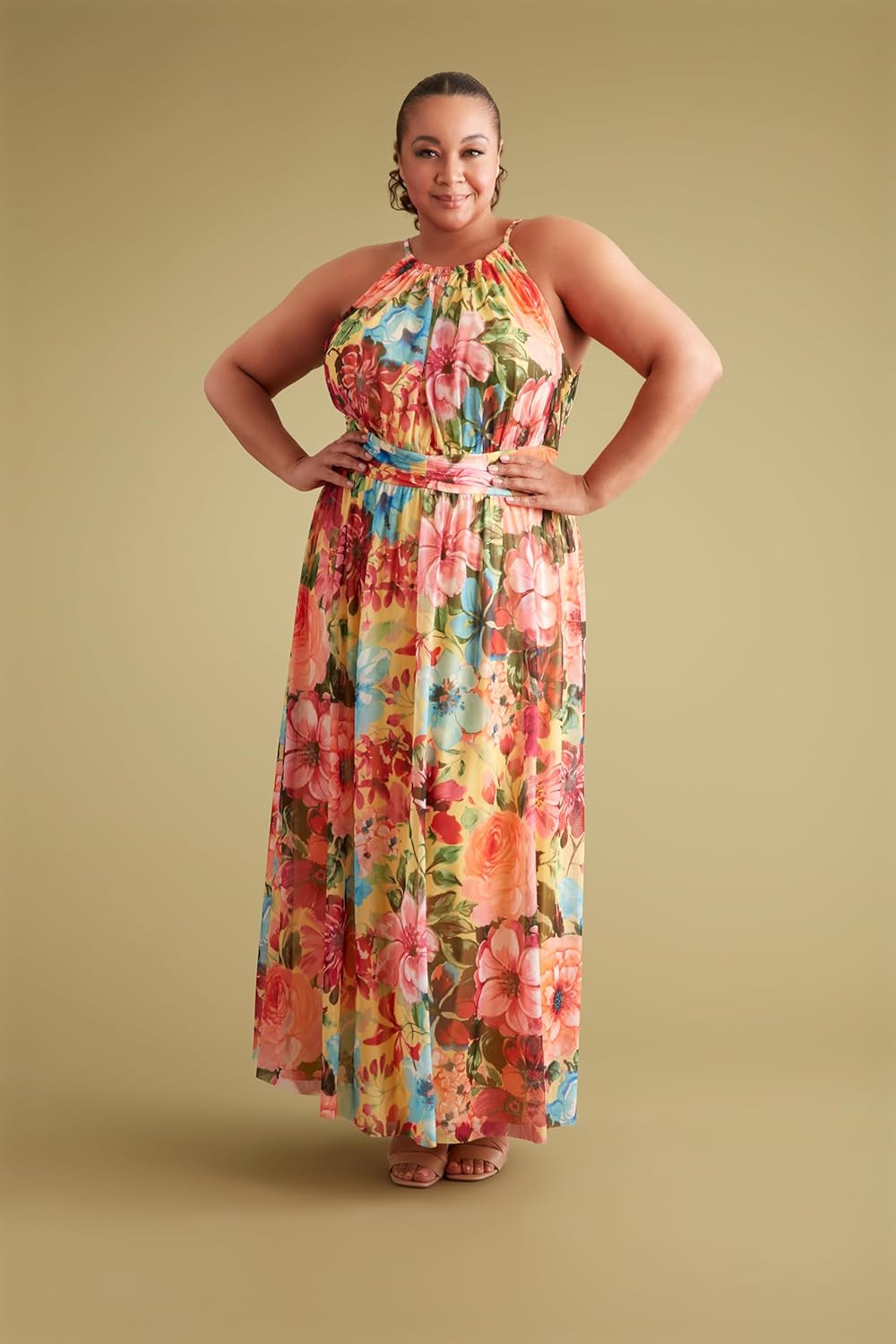 London Times Women's Mesh Halter Maxi with Ruched Waistband Event Guest of Occasion Garden Party - Image 4