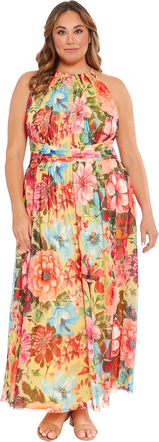 London Times Women's Mesh Halter Maxi with Ruched Waistband Event Guest of Occasion Garden Party