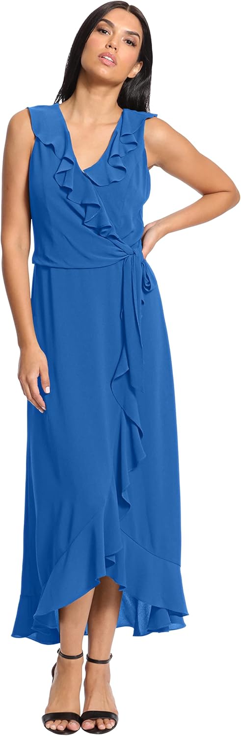 London Times Women's Petite Soft and Flowy Feminine Ruffle Hi-Low Faux Wrap Maxi Dress - Image 5