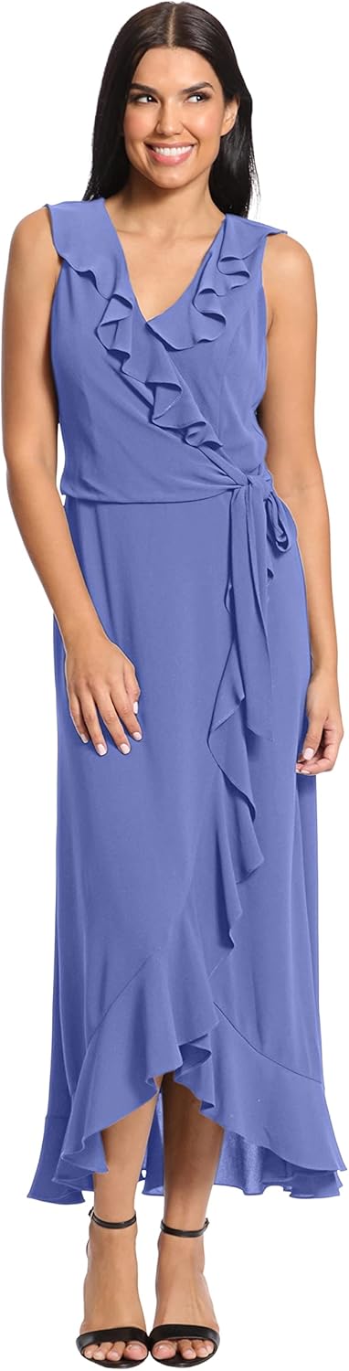 London Times Women's Petite Soft and Flowy Feminine Ruffle Hi-Low Faux Wrap Maxi Dress - Image 2