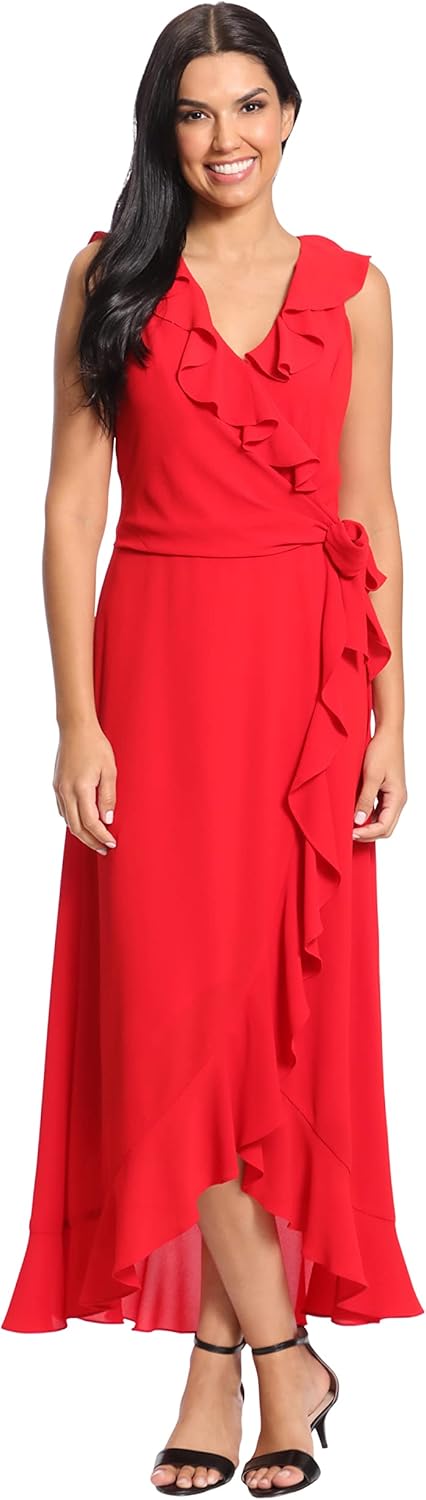 London Times Women's Petite Soft and Flowy Feminine Ruffle Hi-Low Faux Wrap Maxi Dress - Image 3