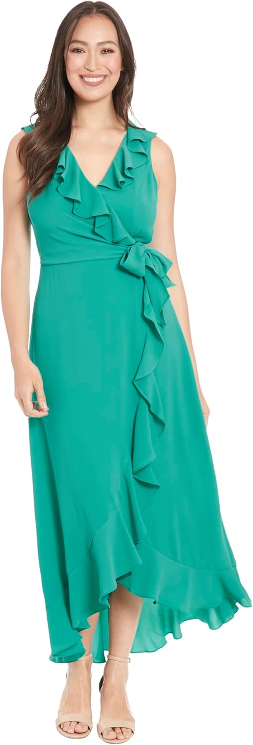London Times Women's Petite Soft and Flowy Feminine Ruffle Hi-Low Faux Wrap Maxi Dress - Image 4
