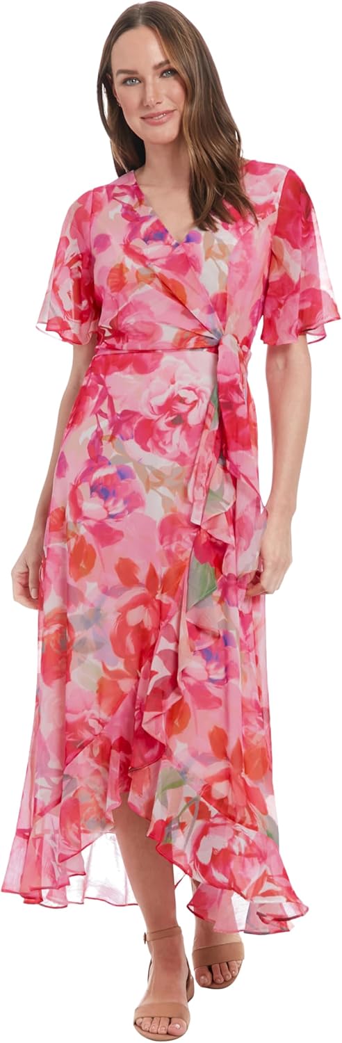 London Times Women's Watercolor Floral Wrap Maxi Elegant Chiffon Flutter Sleeve Asymmetrical Hem Cocktail Dresses