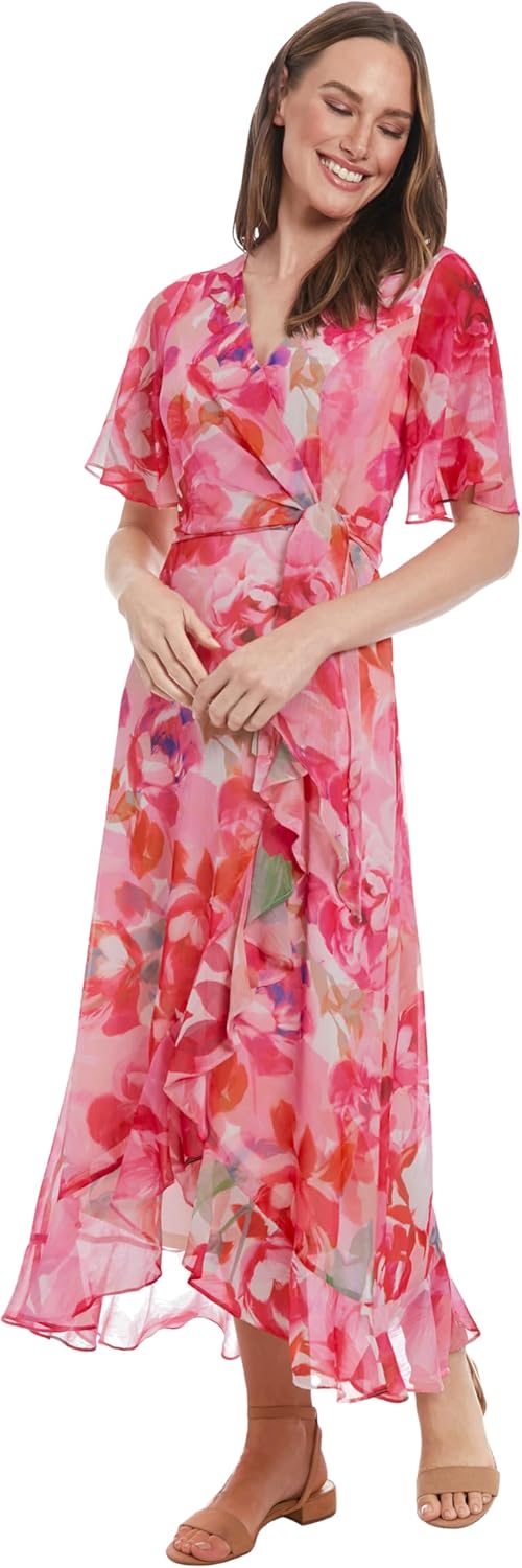 London Times Women's Watercolor Floral Wrap Maxi Elegant Chiffon Flutter Sleeve Asymmetrical Hem Cocktail Dresses - Image 2