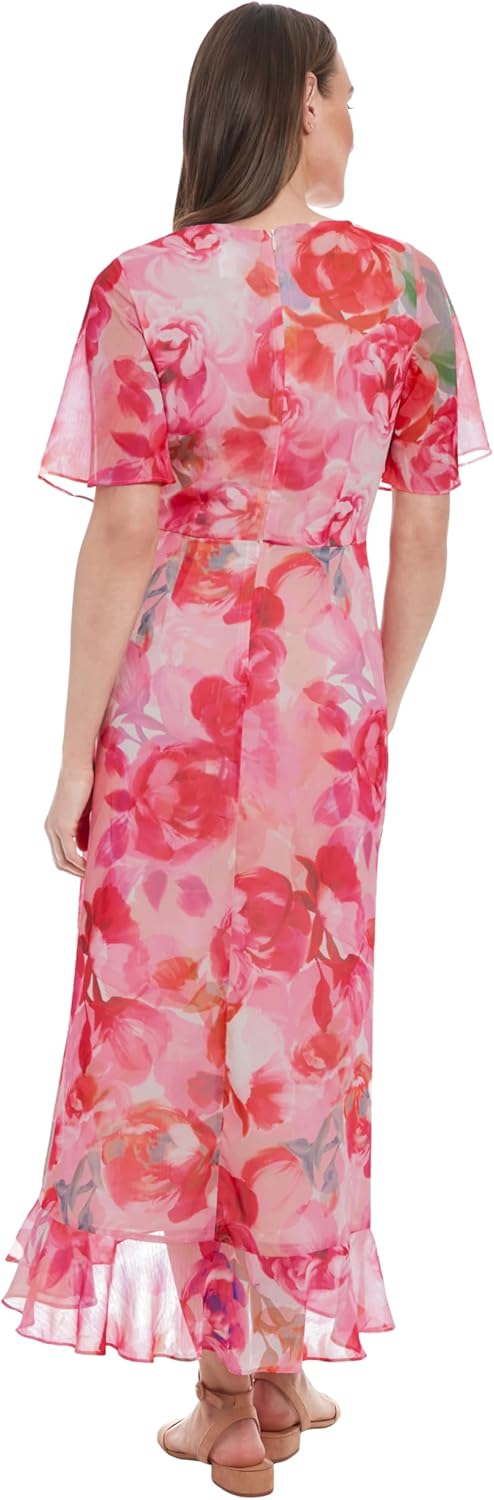 London Times Women's Watercolor Floral Wrap Maxi Elegant Chiffon Flutter Sleeve Asymmetrical Hem Cocktail Dresses - Image 3