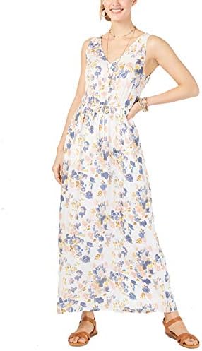 Lucky Brand Floral Tie Waist V Neck Maxi Dress Natural Multi XL