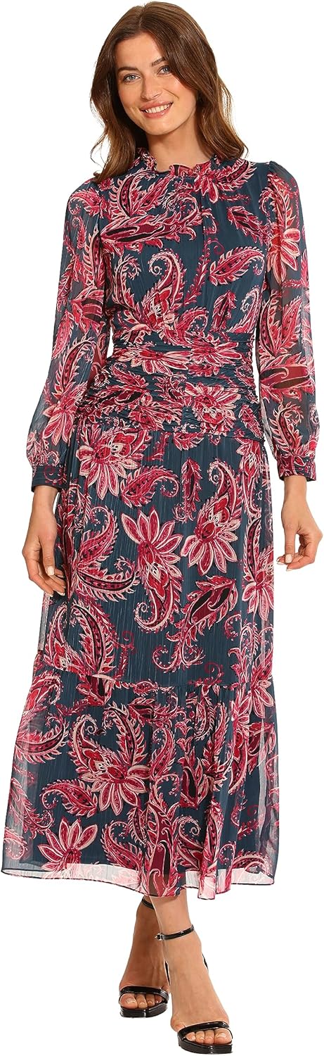 Maggy London Women's Ruffle Neck Maxi Dress with Waist Shirring Detail Event Occasion Guest of