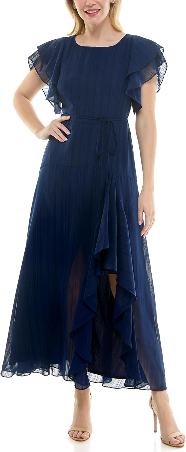 Maison Tara Women's Flutter Sleeve Drop Yoke Maxi Dress with Side Slit - Image 2