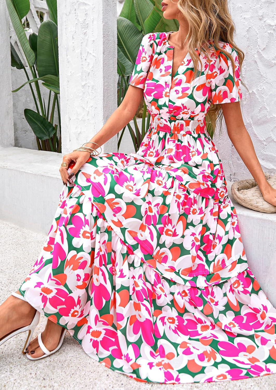 PRETTYGARDEN Women's 2025 Summer Boho Maxi Dresses Floral Short Sleeve V Neck A Line Tiered Flowy Long Beach Vacation Dress - Image 5