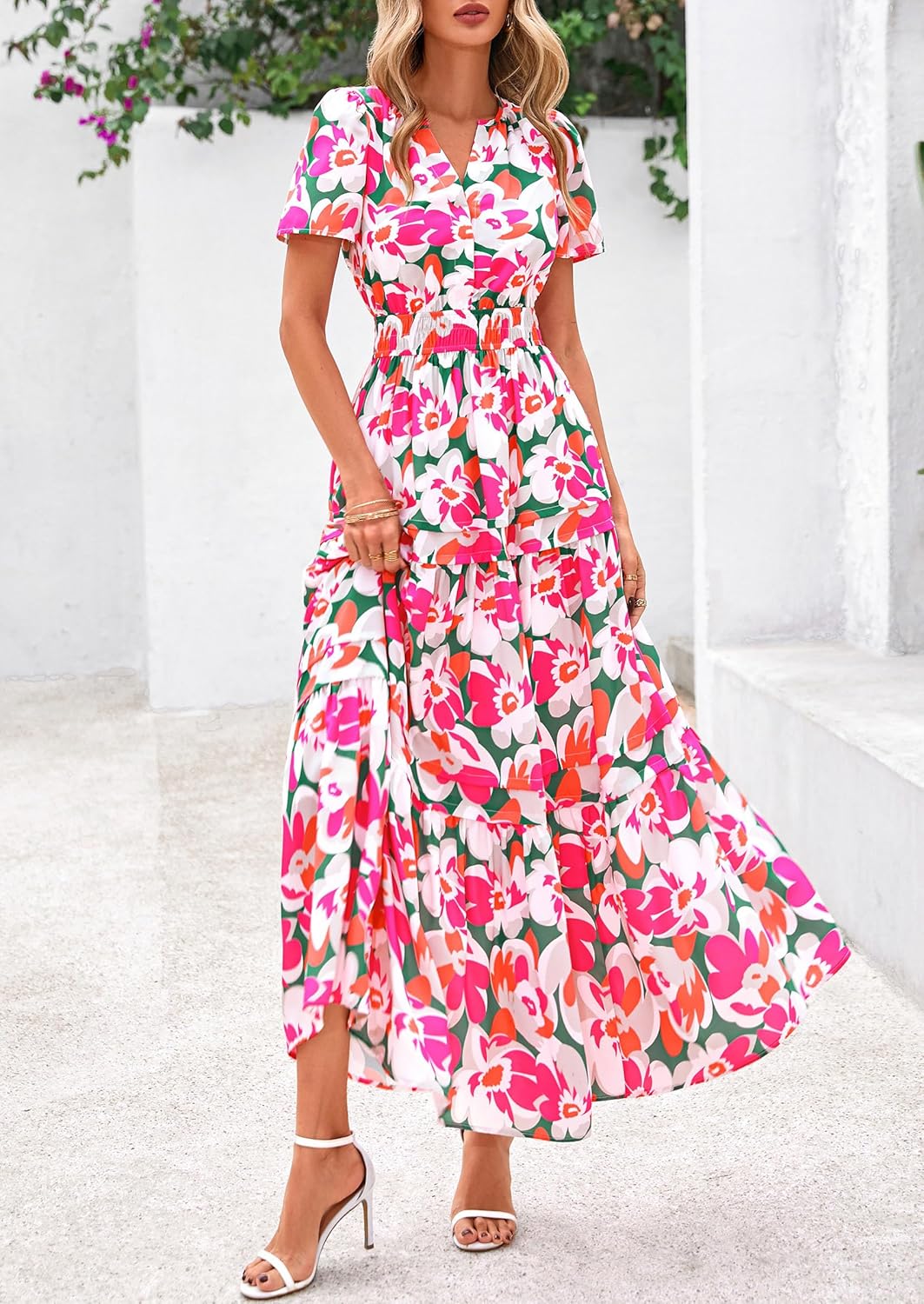 PRETTYGARDEN Women's 2025 Summer Boho Maxi Dresses Floral Short Sleeve V Neck A Line Tiered Flowy Long Beach Vacation Dress - Image 6
