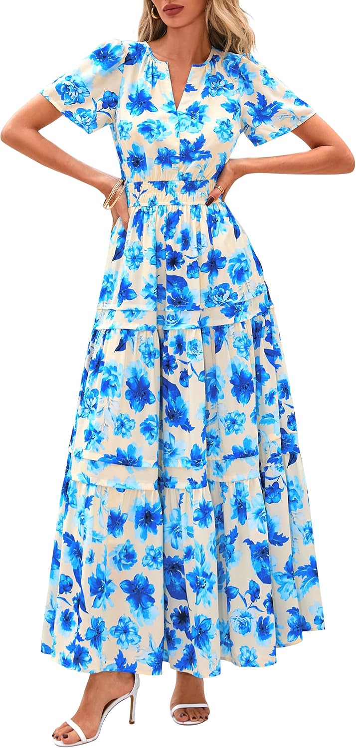 PRETTYGARDEN Women's 2025 Summer Boho Maxi Dresses Floral Short Sleeve V Neck A Line Tiered Flowy Long Beach Vacation Dress - Image 14