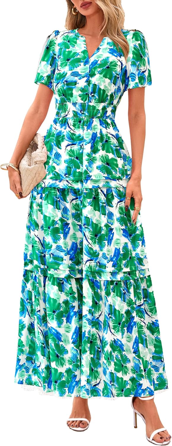 PRETTYGARDEN Women's 2025 Summer Boho Maxi Dresses Floral Short Sleeve V Neck A Line Tiered Flowy Long Beach Vacation Dress - Image 17