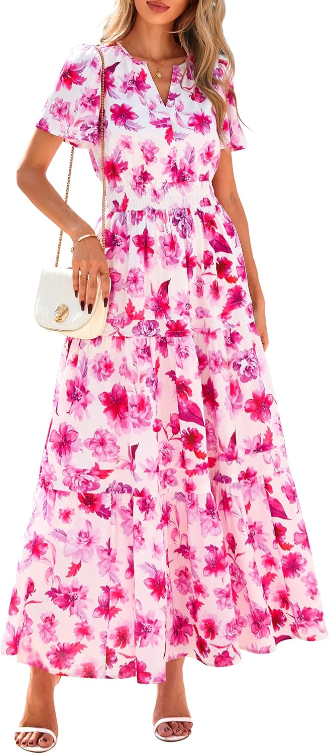 PRETTYGARDEN Women's 2025 Summer Boho Maxi Dresses Floral Short Sleeve V Neck A Line Tiered Flowy Long Beach Vacation Dress - Image 17