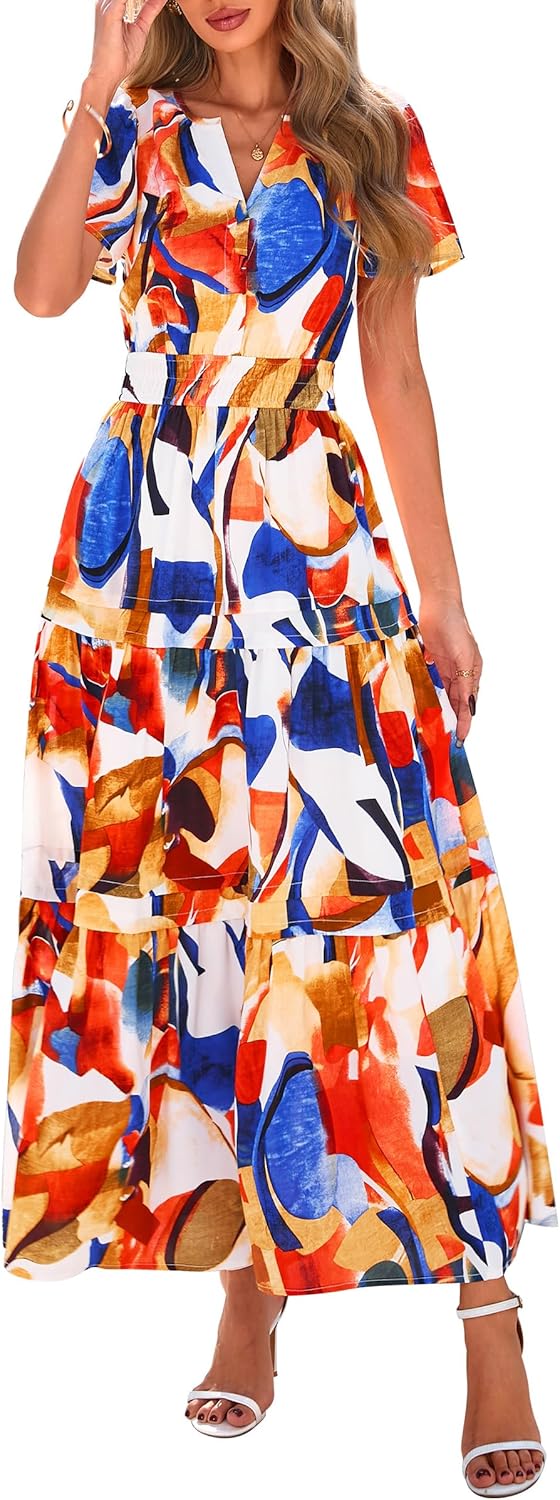PRETTYGARDEN Women's 2025 Summer Boho Maxi Dresses Floral Short Sleeve V Neck A Line Tiered Flowy Long Beach Vacation Dress - Image 10