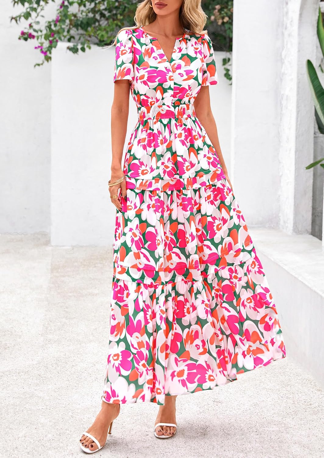 PRETTYGARDEN Women's 2025 Summer Boho Maxi Dresses Floral Short Sleeve V Neck A Line Tiered Flowy Long Beach Vacation Dress - Image 8