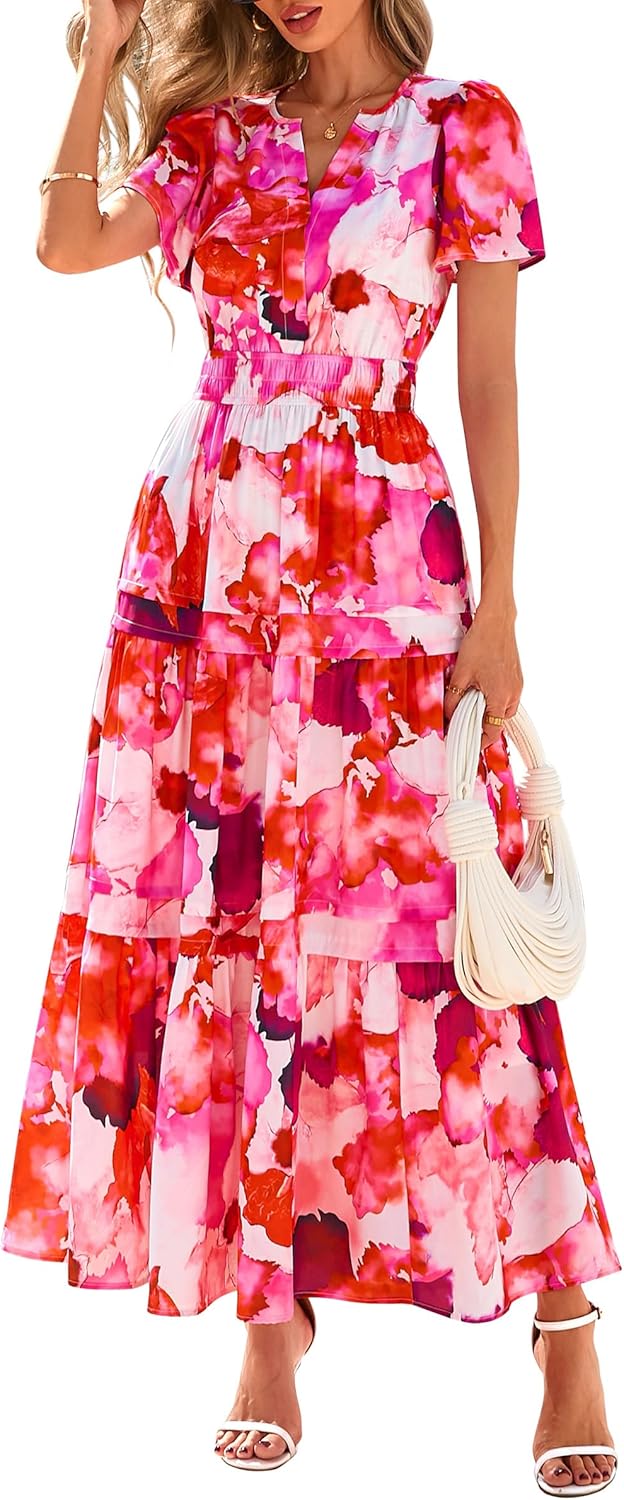 PRETTYGARDEN Women's 2025 Summer Boho Maxi Dresses Floral Short Sleeve V Neck A Line Tiered Flowy Long Beach Vacation Dress - Image 13