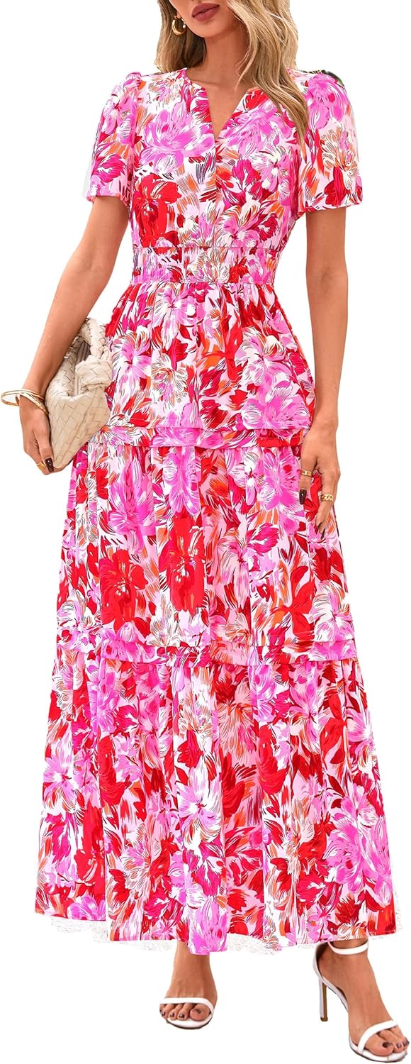 PRETTYGARDEN Women's 2025 Summer Boho Maxi Dresses Floral Short Sleeve V Neck A Line Tiered Flowy Long Beach Vacation Dress - Image 16