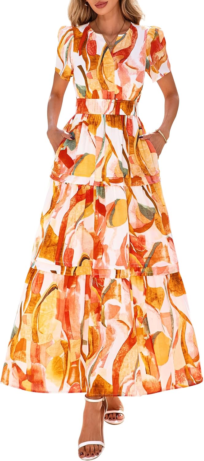 PRETTYGARDEN Women's 2025 Summer Boho Maxi Dresses Floral Short Sleeve V Neck A Line Tiered Flowy Long Beach Vacation Dress - Image 19