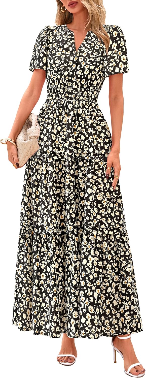 PRETTYGARDEN Women's 2025 Summer Boho Maxi Dresses Floral Short Sleeve V Neck A Line Tiered Flowy Long Beach Vacation Dress - Image 18
