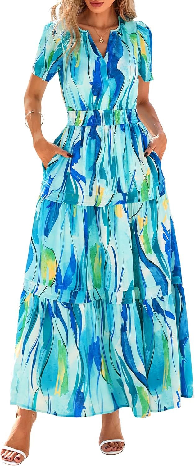 PRETTYGARDEN Women's 2025 Summer Boho Maxi Dresses Floral Short Sleeve V Neck A Line Tiered Flowy Long Beach Vacation Dress - Image 20