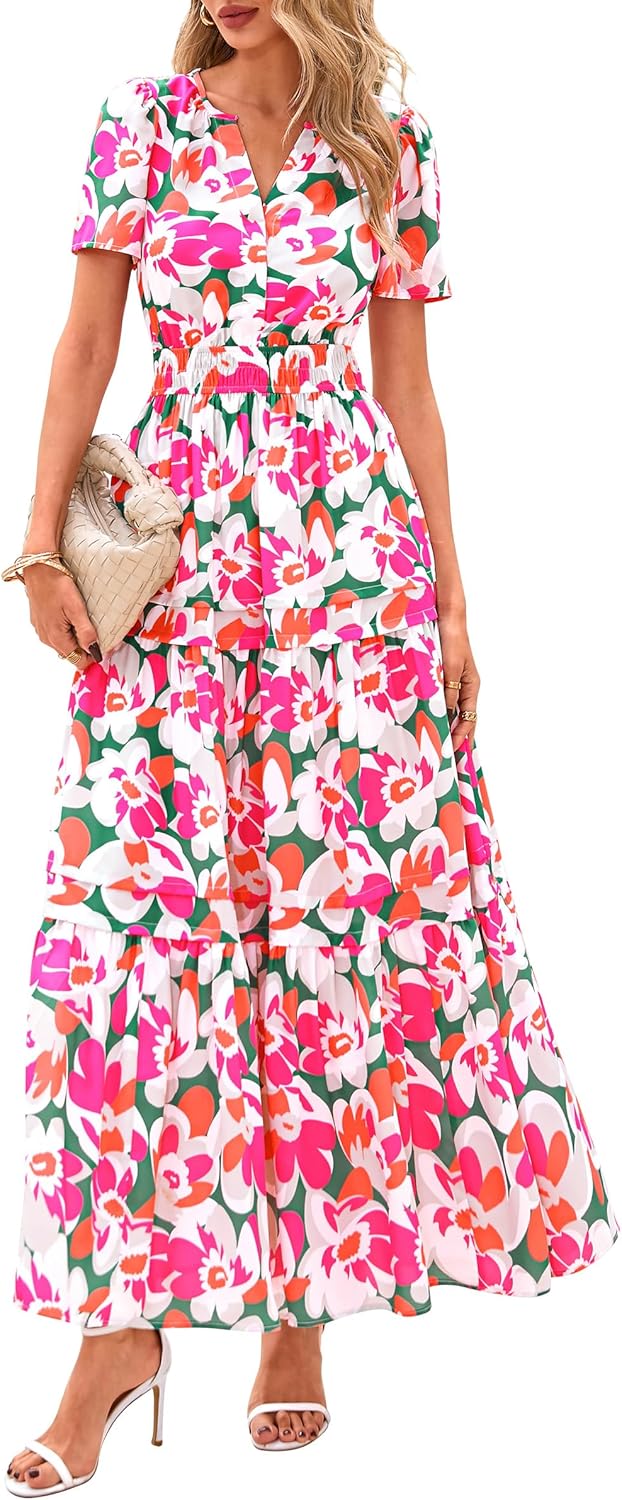 PRETTYGARDEN Women's 2025 Summer Boho Maxi Dresses Floral Short Sleeve V Neck A Line Tiered Flowy Long Beach Vacation Dress