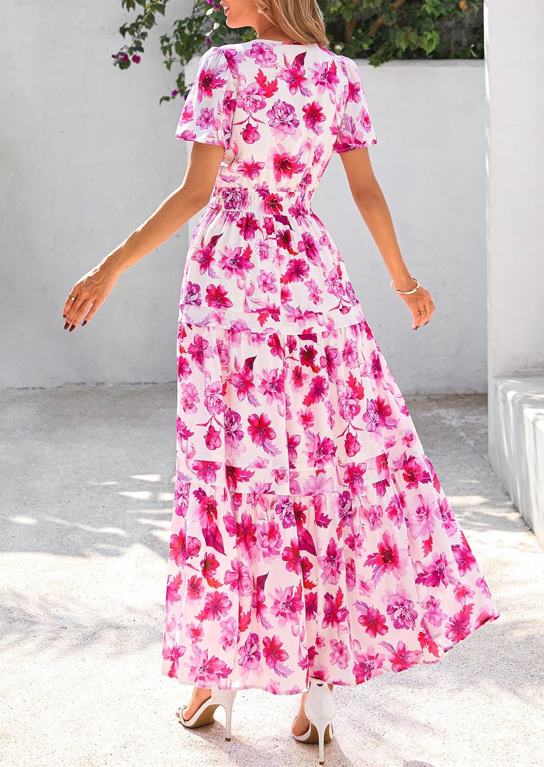 PRETTYGARDEN Women's 2025 Summer Boho Maxi Dresses Floral Short Sleeve V Neck A Line Tiered Flowy Long Beach Vacation Dress - Image 2