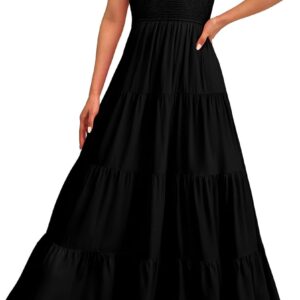 PRETTYGARDEN Women's Summer Flowy Maxi Dress Casual Cap Sleeve V Neck Smocked Beach Sundress