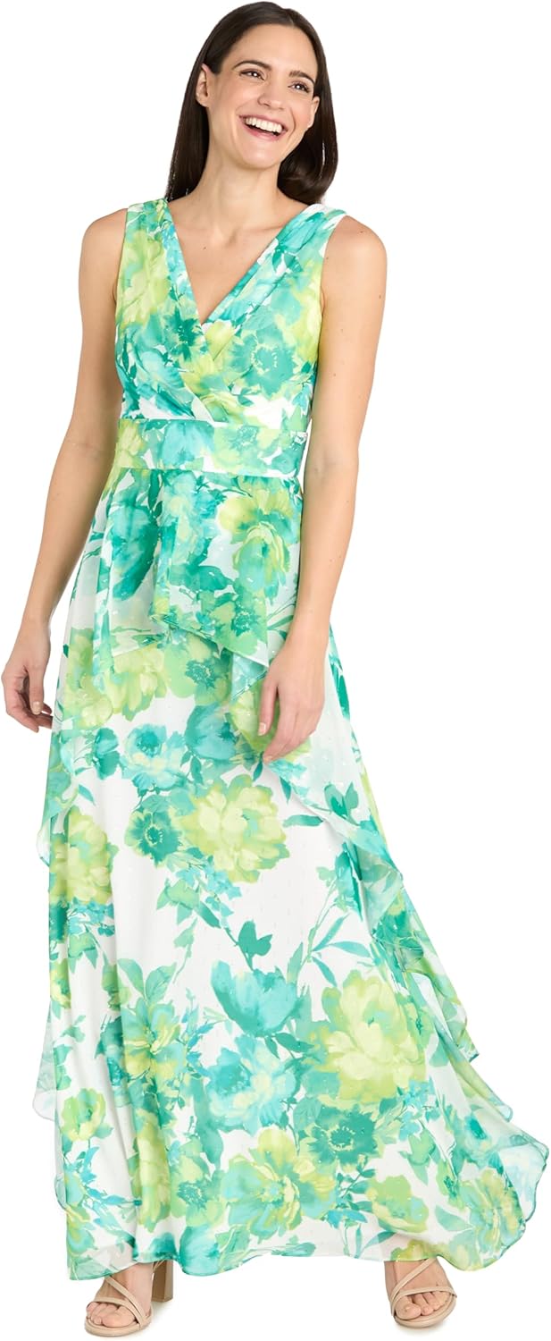 R&M Richards Long Chiffon Floral Printed Halter Dress W\/Inverted High Low Ruffle Skirt