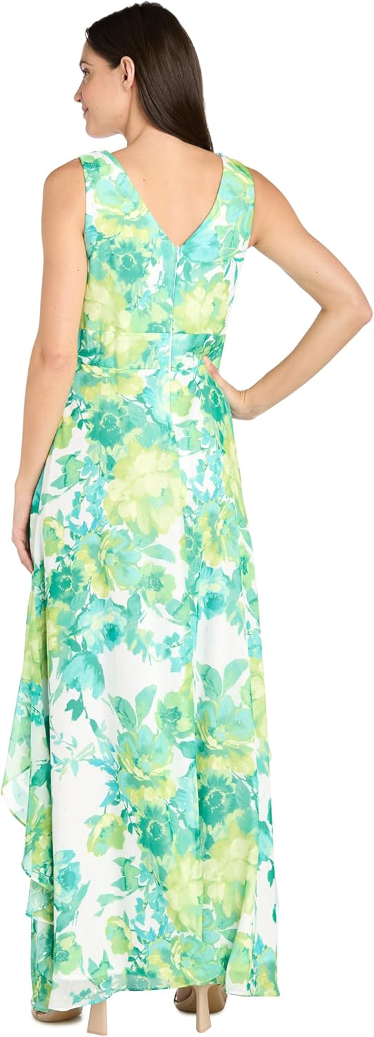 R&M Richards Long Chiffon Floral Printed Halter Dress W\/Inverted High Low Ruffle Skirt - Image 4