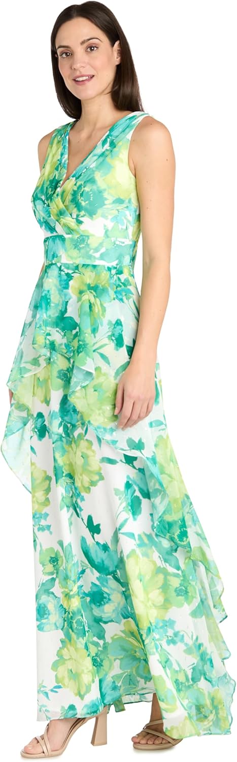 R&M Richards Long Chiffon Floral Printed Halter Dress W\/Inverted High Low Ruffle Skirt - Image 3