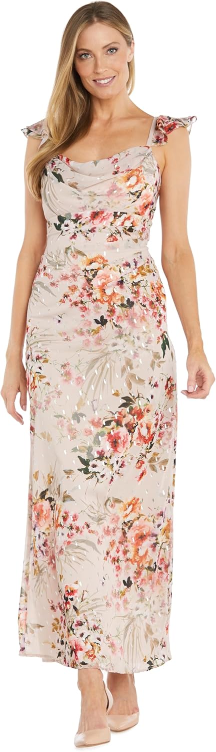 R&M Richards Long Floral Print Chiffon Dress W\/Flutter Sleeves & Cowl Neck