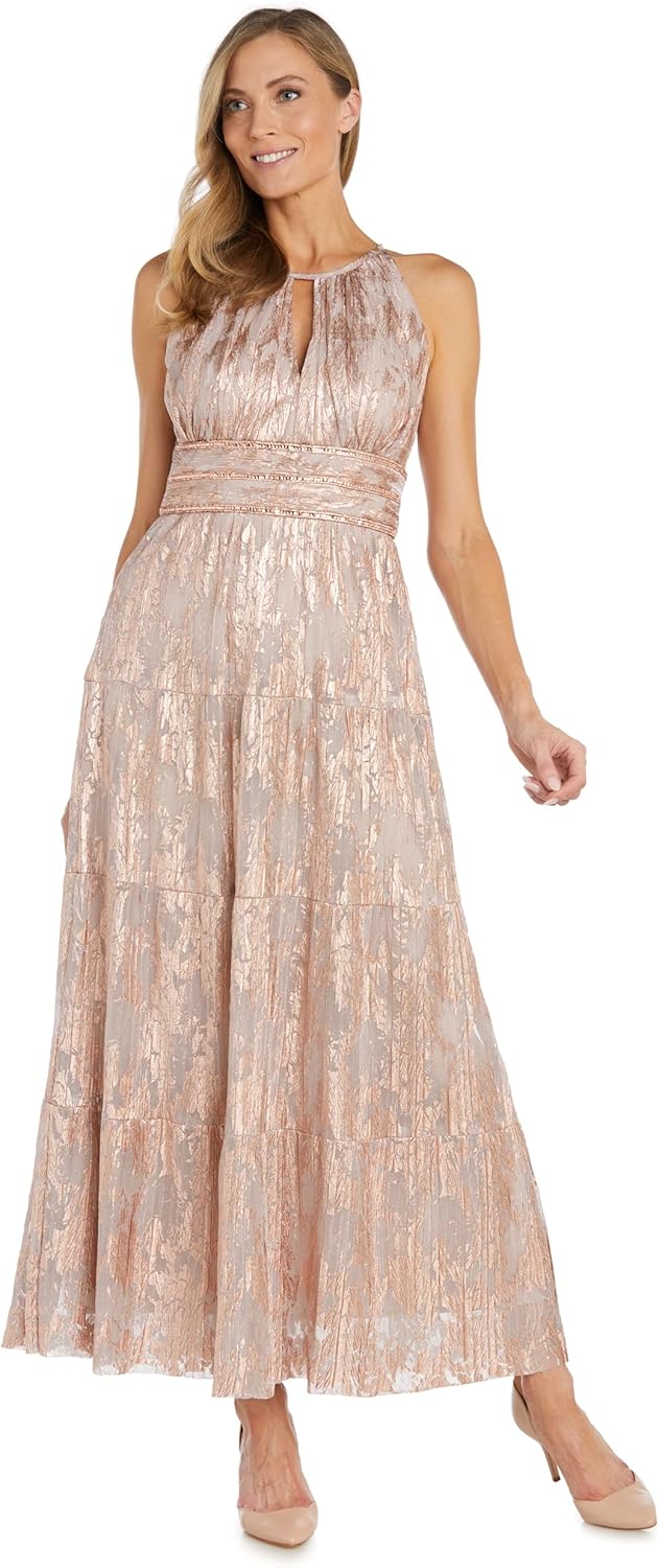 R&M Richards Women's Metallic Bloom Pleated Maxi Dress