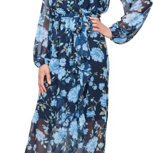 S.L. Fashions Women's Long Sleeve Tulip Overlay Skirt Maxi Dress with Surplice Neckline and Tie Belt